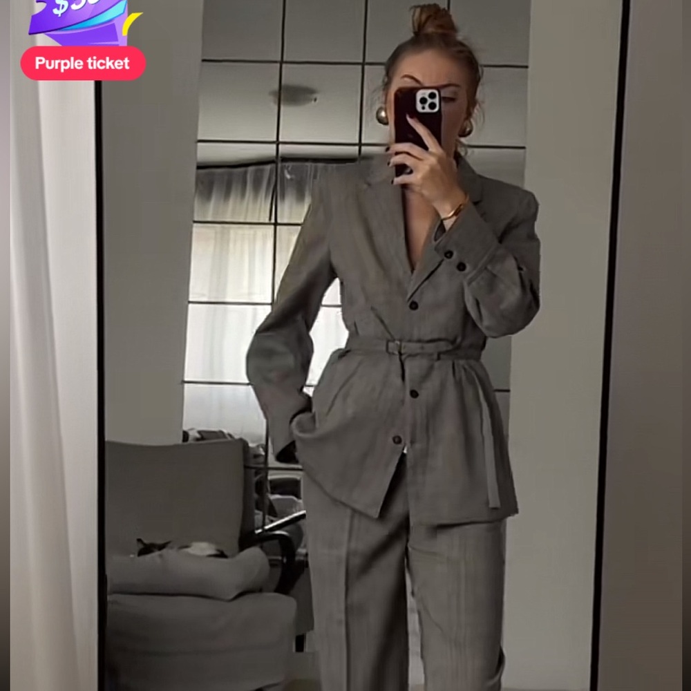 ZARA Brown Taupe 100% Wool Belted Blazer Jacket Coat  ZW Collection Gray XS NWT - Picture 6 of 16